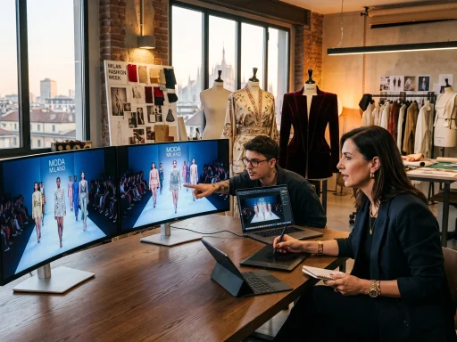 Luxury fashion marketing director inspecting digital runway models on displays in Milan studio (AI Generated Image)