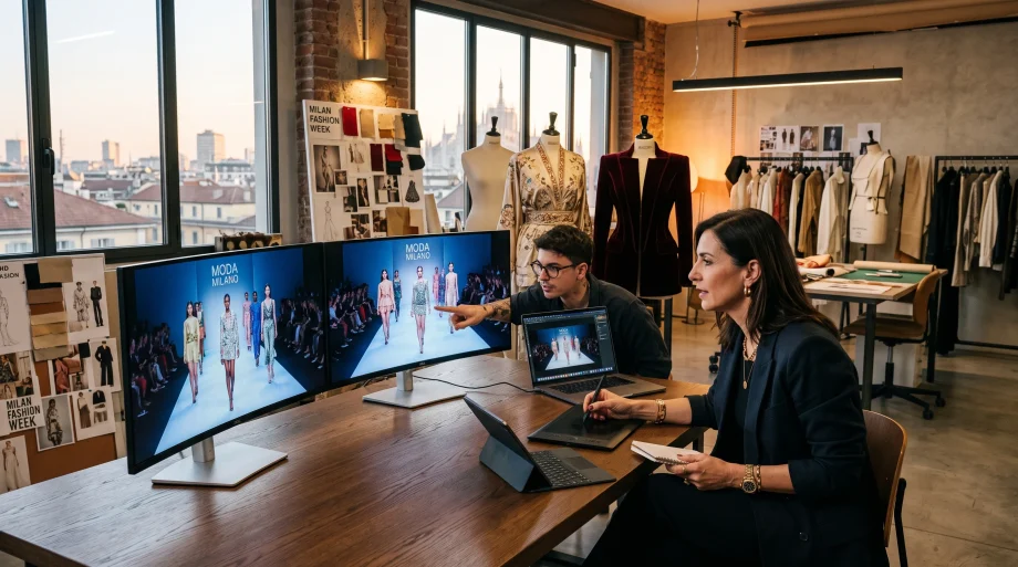 Luxury fashion marketing director inspecting digital runway models on displays in Milan studio (AI Generated Image)