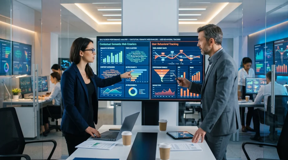 Media buyer comparing contextual semantic targeting against behavioral telemetry (AI Generated Image)