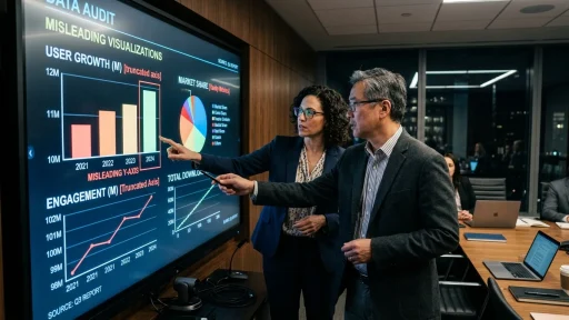 Statistical auditors examining misleading truncated charts and vanity metrics in boardroom (AI Generated Image)