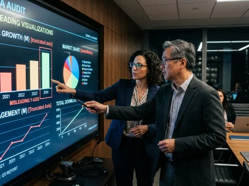 Statistical auditors examining misleading truncated charts and vanity metrics in boardroom (AI Generated Image)