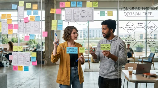 UX growth strategist mapping cognitive micro-moments and user decision flows on glass whiteboard (AI Generated Image)