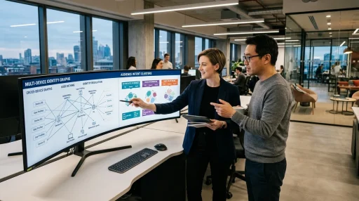Behavioral Targeting: Core Principles, Segmentation Models, and Modern Enterprise Case Studies 1 Media planner and data engineer inspecting behavioral targeting identity graphs on ultrawide monitor (AI Generated Image)