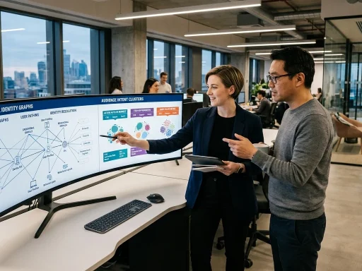 Media planner and data engineer inspecting behavioral targeting identity graphs on ultrawide monitor (AI Generated Image)