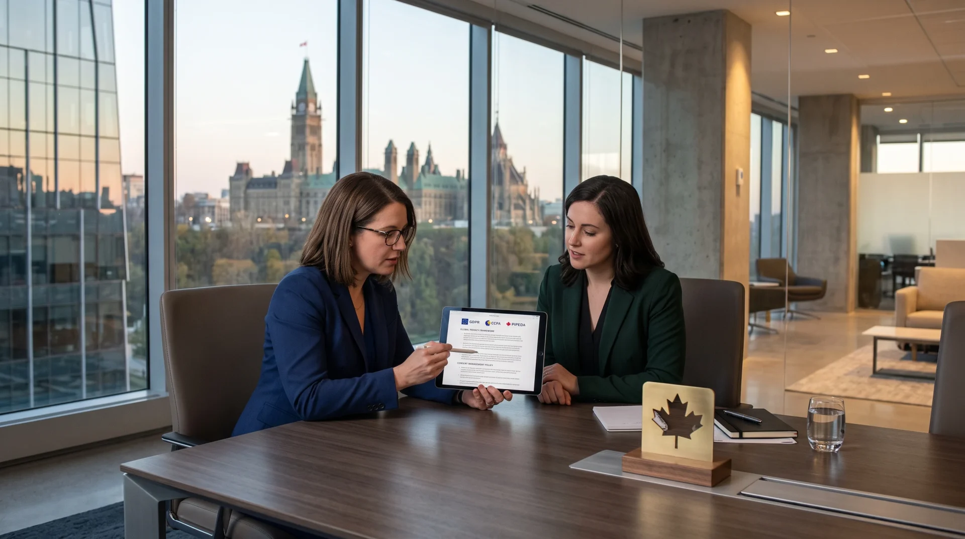 Privacy compliance officers analyzing Canadian PIPEDA data consent laws (AI Generated Image)