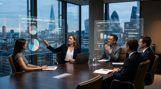 Cross-industry enterprise marketing executives analyzing customer behavioral segmentation data on transparent screens (AI Generated Image)