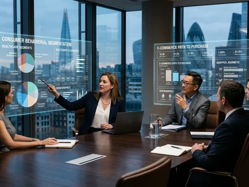 Who Uses Behavioral Marketing? Top Industries, Case Studies, and Enterprise Implementations 3 Cross-industry enterprise marketing executives analyzing customer behavioral segmentation data on transparent screens (AI Generated Image)