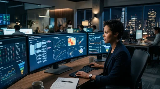 Marketer analyzing behavior based marketing analytics on widescreen monitor (AI Generated Image)