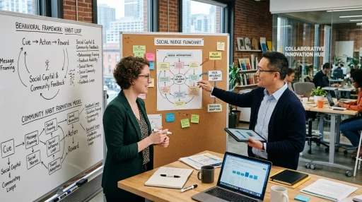Behavioral scientists and sustainability campaign planners mapping social nudge flowcharts in innovation hub (AI Generated Image)