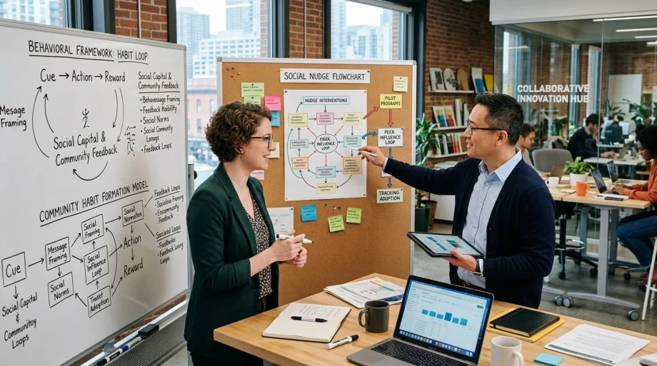 Behavioral scientists and sustainability campaign planners mapping social nudge flowcharts in innovation hub (AI Generated Image)