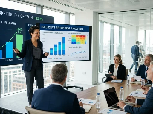 Chief Marketing Officer presenting predictive behavioral analytics and conversion lift graphs in corporate boardroom (AI Generated Image)