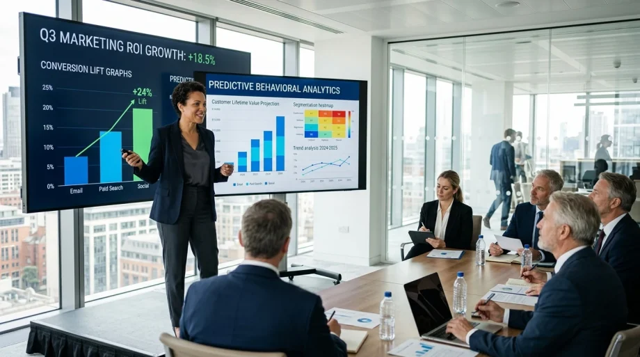 Why Behavioral Marketing Matters: Conversion ROI, Retention Loops, and Business Growth 2 Chief Marketing Officer presenting predictive behavioral analytics and conversion lift graphs in corporate boardroom (AI Generated Image)