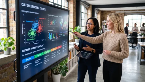 Strategists analyzing behavioral target market clusters on interactive screen (AI Generated Image)