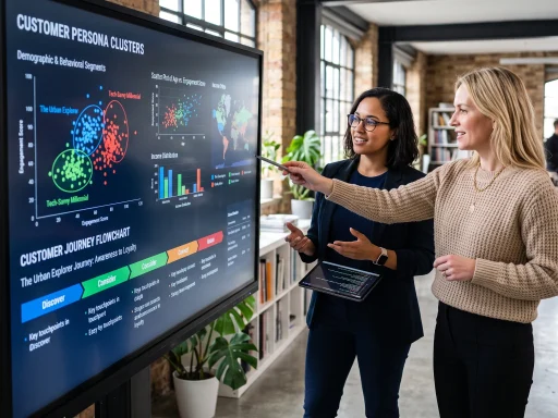 Strategists analyzing behavioral target market clusters on interactive screen (AI Generated Image)