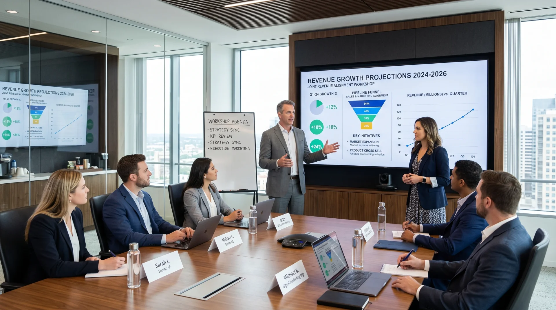 Sales and Marketing Definition: Strategic Alignment for Commercial Growth 2 Sales and marketing leadership team discussing joint revenue alignment metrics (AI Generated Image)