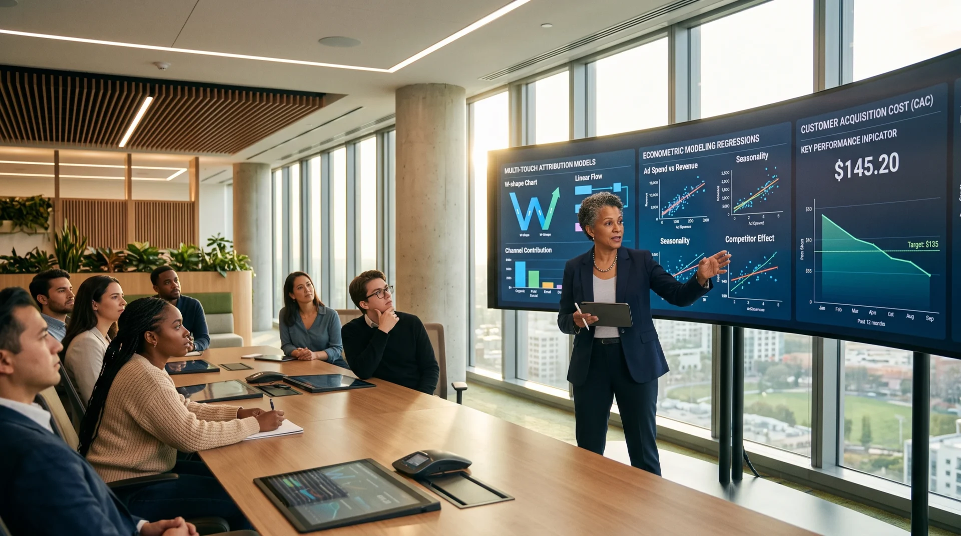 Senior marketing analyst presenting marketing econometric modeling metrics (AI Generated Image)