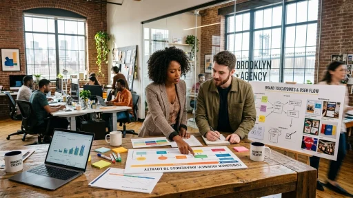 Consumer marketing directors and brand managers reviewing customer journey moodboards in creative agency (AI Generated Image)