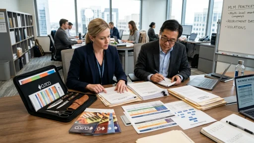 Consumer protection investigators reviewing Cutco cutlery sales contract paperwork in corporate office