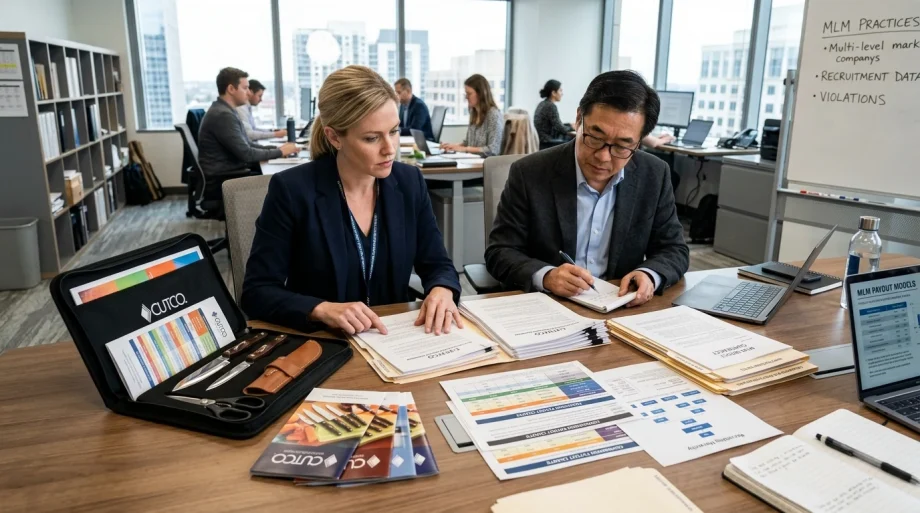 Consumer protection investigators reviewing Cutco cutlery sales contract paperwork in corporate office (AI Generated Image)
