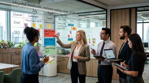 Marketing team planning omnichannel marketing calendar on glass board (AI Generated Image)