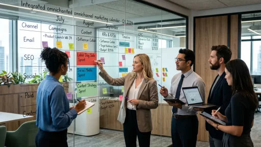 Marketing team planning omnichannel marketing calendar on glass board (AI Generated Image)