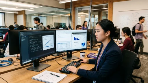 Marketing analyst coding Python statistical models and querying SQL database in university computer lab (AI Generated Image)