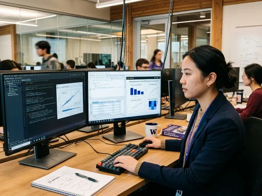Marketing analyst coding Python statistical models and querying SQL database in university computer lab (AI Generated Image)