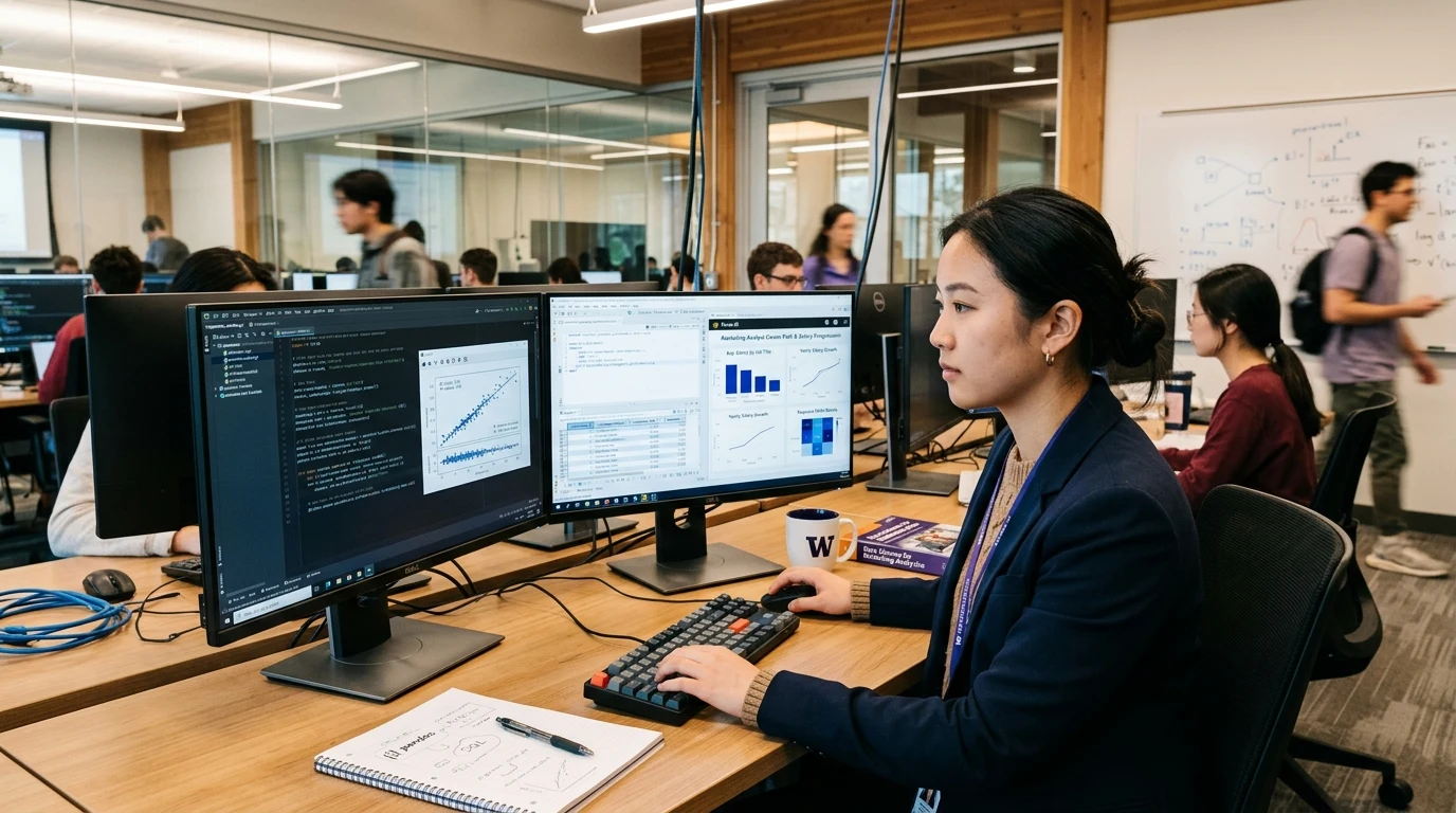 Marketing analyst coding Python statistical models and querying SQL database in university computer lab (AI Generated Image)