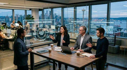 Business executives and cloud strategists analyzing Amazon flywheel growth model in corporate office (AI Generated Image)