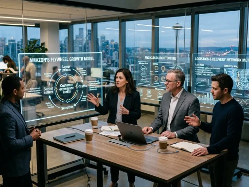 Amazon Business Strategy: The Flywheel Effect, AWS Ecosystem & Platform Economics 3 Business executives and cloud strategists analyzing Amazon flywheel growth model in corporate office (AI Generated Image)
