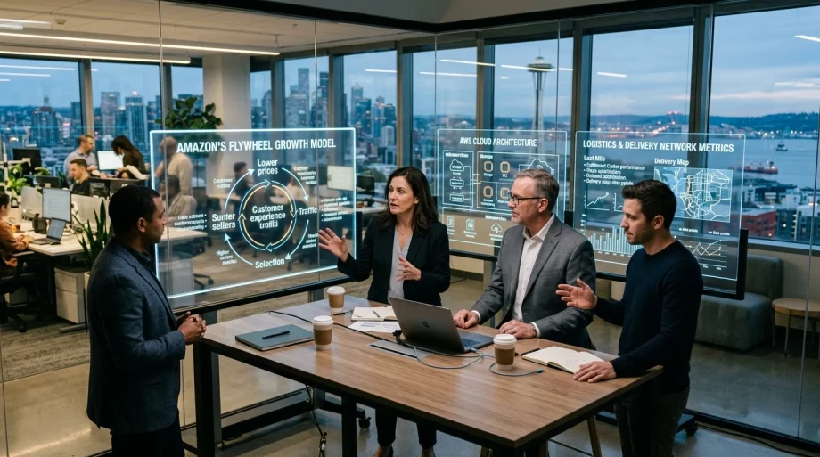 Business executives and cloud strategists analyzing Amazon flywheel growth model in corporate office (AI Generated Image)