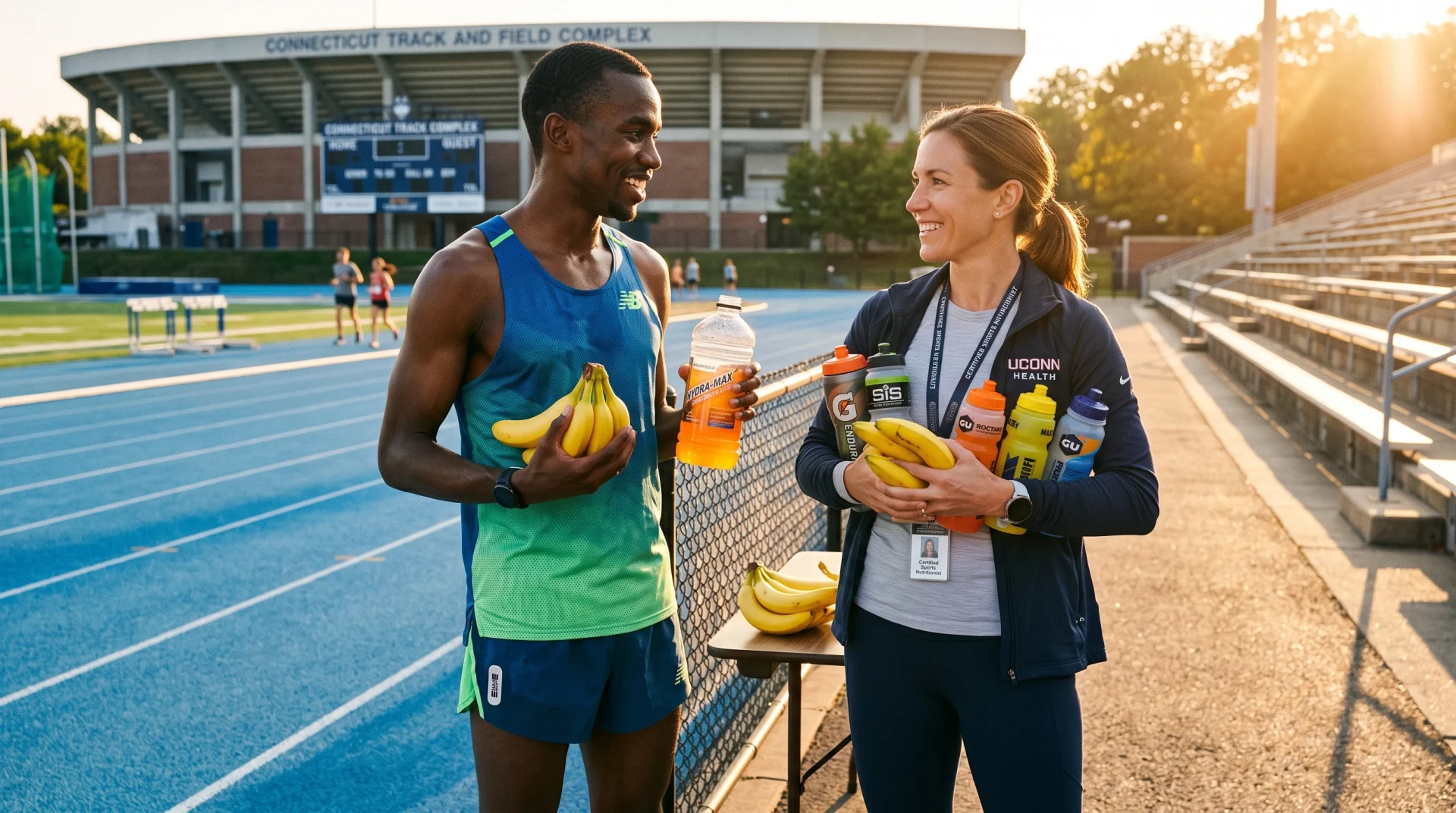 Athlete and sports nutritionist holding organic bananas at stadium track (AI Generated Image)