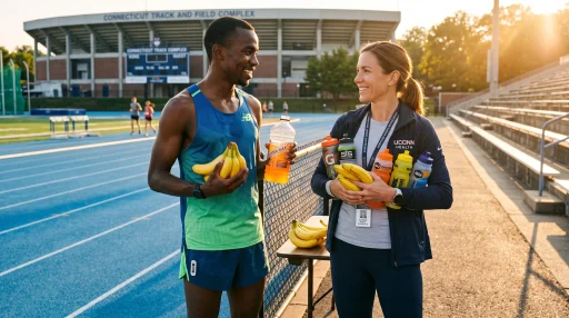 Athlete and sports nutritionist holding organic bananas at stadium track (AI Generated Image)