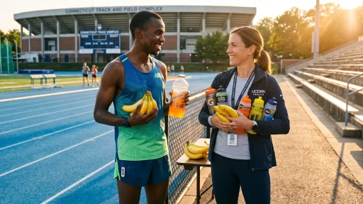 Athlete and sports nutritionist holding organic bananas at stadium track (AI Generated Image)