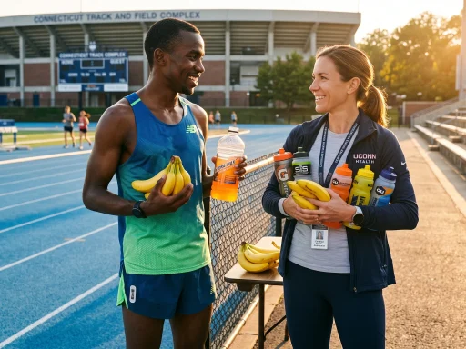 Athlete and sports nutritionist holding organic bananas at stadium track (AI Generated Image)