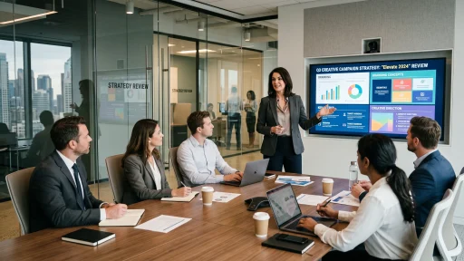 Director of marketing leading strategic campaign review in executive boardroom (AI Generated Image)
