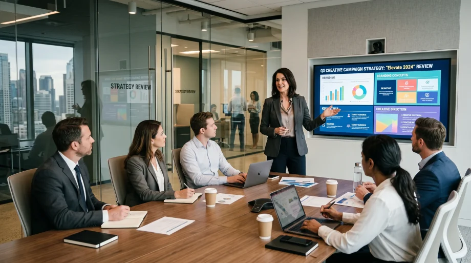 Director of marketing leading strategic campaign review in executive boardroom (AI Generated Image)